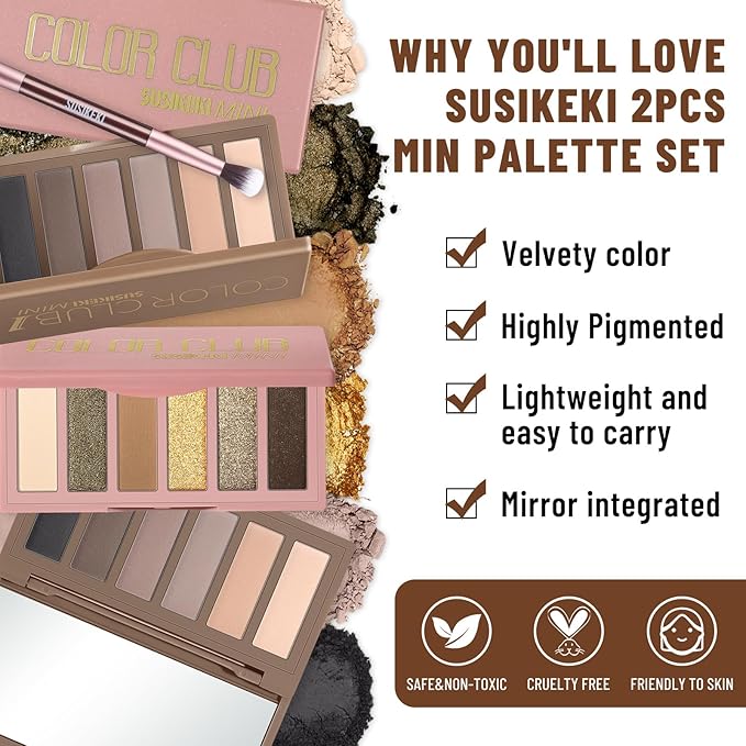 2PCS 6 Colors Mini Naked Eyeshadow Palette Makeup with Brush Set Neutral Nude Eye Shadow Brown & Olive-colored Matte Shimmer Make Up Pallet with Mirror Highly Pigmented Travel Size Gift Kit