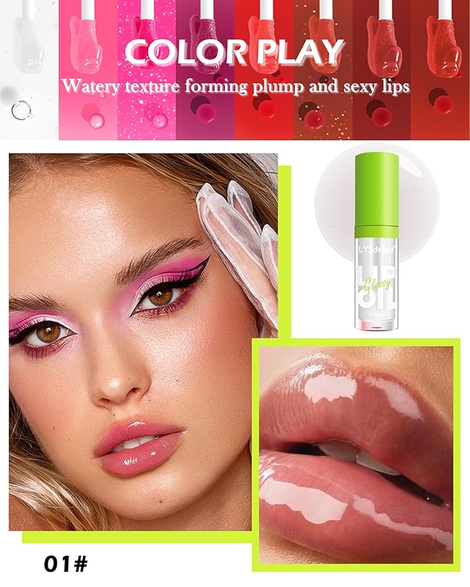 Hydrating Lip Glow Oil-1Pcs Tinted Plumping Lip Oil Gloss,Fat Oil Lip Gloss,Big Brush Head lip glaze,Clear Lip Gloss Plumping,Long Lasting Nourishing Non-sticky Fresh Lip Care Oil Drip for Women-01#