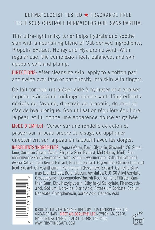 First Aid Beauty - Hydrating Toner with Squalane and Oats, Naturual Wild Oat Skin Calming Toner, Helps Reduce Lines & Wrinkles, Safe for Sensitive Skin, Alcohol-Free Balanced Hydration, 6 oz