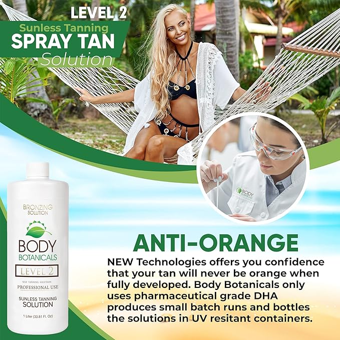 Professional Sunless Tanning Spray Tan Solution, Organic Essential Oils, Airbrush Formula, 33.8 Fl Oz. (Level 2 (10% DHA))