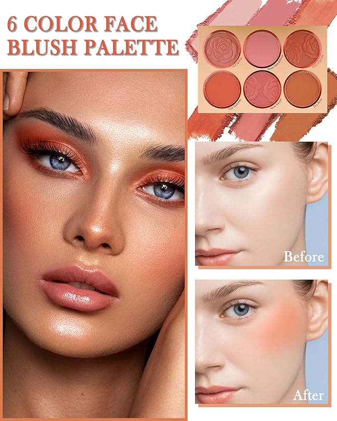 Matte Face Blush Palette with Brush-6 Color High Pigment Silky Mineral Blendable Blusher Contour Powder for Cheeks,Longlasting Facial Beauty Cosmetic,Mother's Day Makeup Gift for Women Girl-Set 02