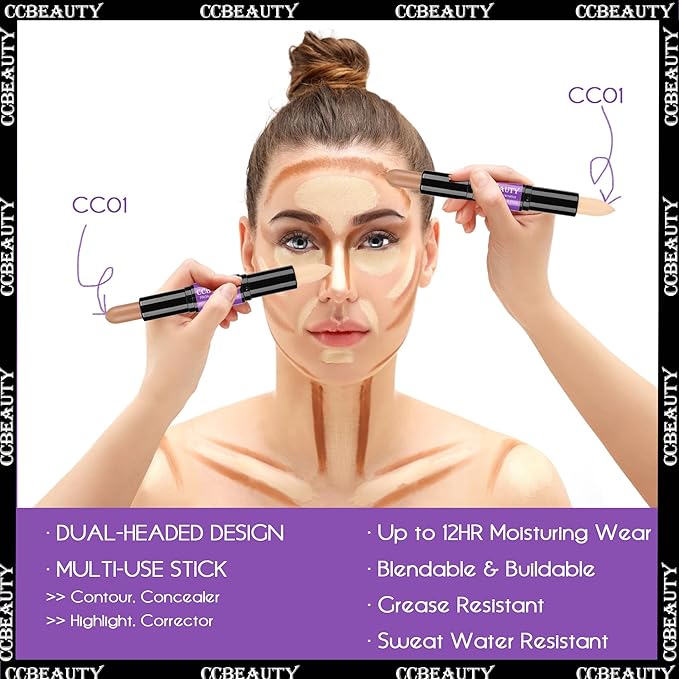 CCbeauty 2pcs 2-IN-1 Matte Contour Highlighter Stick with
