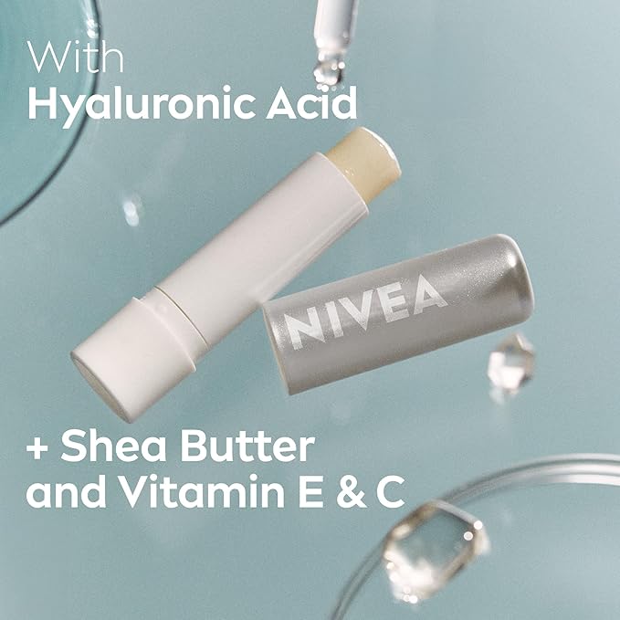 NIVEA Dewy Lip Balm with Hyaluronic Acid, Skin Care Gifts for Mom, Leaves Visibly Less Noticeable Lip Lines and No Waxy Feel, 0.18 Oz, Pack of 4