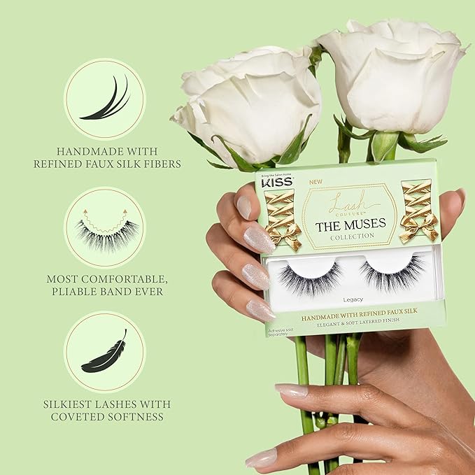 KISS Lash Couture The Muses Collection False Eyelashes - Legacy, Black, Rounded, Doe-Eyed, Refined Faux Silk, Contact Lens Friendly, Pliable Band, Comfortable, Reusable, Cruelty Free, Vegan | 1 Pair