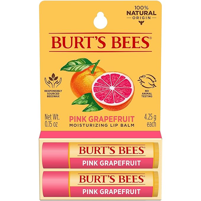 Burt's Bees Lip Balm - Pink Grapefruit, Lip Moisturizer With Responsibly Sourced Beeswax, Tint-Free, Natural Origin Conditioning Treatment, 2 Tubes, 0.15 oz.