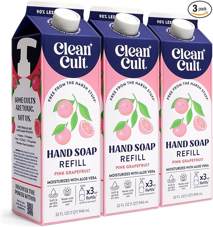 Cleancult Liquid Hand Soap Refill - Pink Grapefruit- Moisturizes Dry & Sensitive Skin - Made with Aloe Vera & Essential Oils - Eco Friendly - Paper-Based Packaging - 32 oz/3 Pack