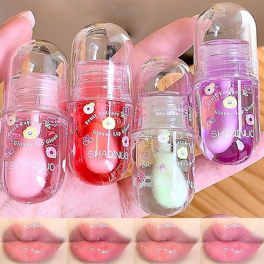 4 Pcs Lip Gloss Oil Set, Fruit Flavored Lip Gloss Set Cute Lip Jelly Hydrating Lip Make-Up for Kids and Teens, Kid Friendly, Party Gift, Non-toxic