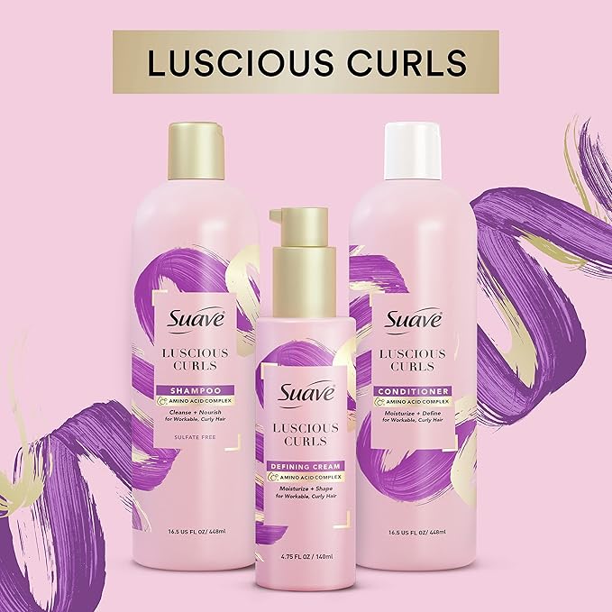 Suave Pink Luscious Curls Shampoo for Defining Curly Hair with Amino Acid Complex 16.5 oz