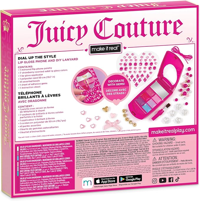 Make It Real Juicy Couture Lip Gloss Dial Up The Style Phone & DIY Lanyard - 7 Strawberry-Scented Lip Gloss Colors, Create Beaded Lanyard & Decorate with Gems for Girls Ages 6+
