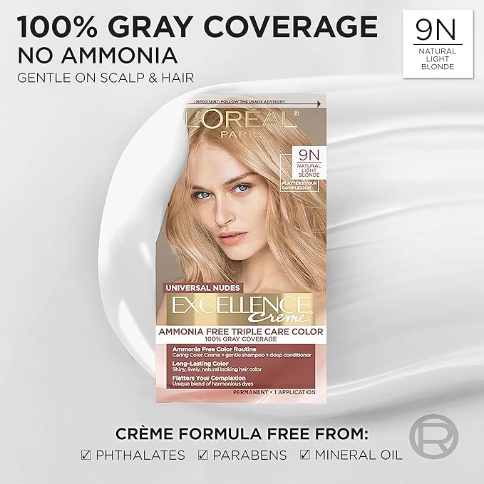 L’Oreal Paris Excellence Universal Nudes Permanent Hair Color, Ammonia Free Hair Dye for Gray Hair Coverage, 9N Natural Light Blonde, 1 Hair Dye Kit