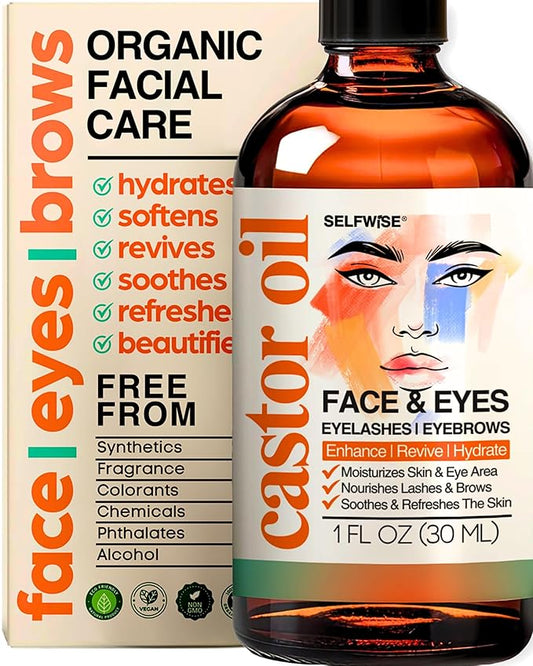 Organic Castor Oil For Face Moisturizer, Eyes, Eyelashes, Eyebrows, Wrinkles with Jojoba, Rosehip, Grapeseed, Squalane, Palmarosa, Bergamot and Vitamin E for Gentle Skin, Men & Women 1oz