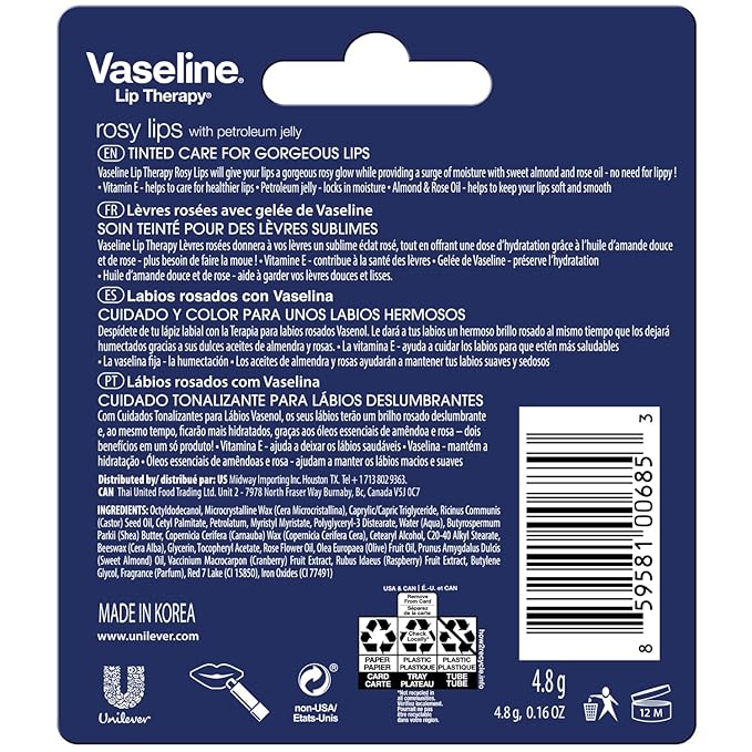 Vaseline Lip Therapy Rosy Lips 8-Pack – Moisturizing Lip Balm, Tinted, 0.16 Oz Ea