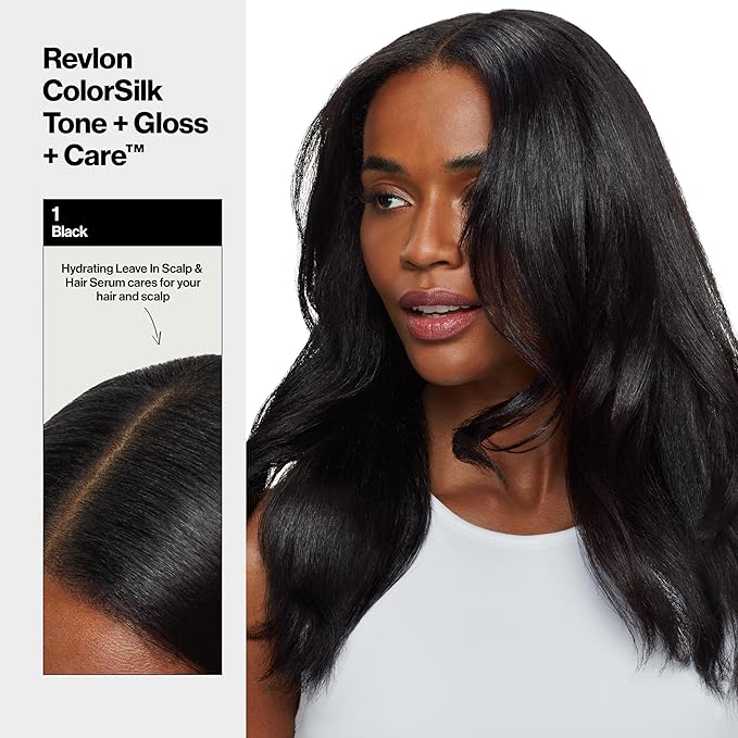 Revlon ColorSilk Tone + Gloss + Care Demi Permanent Hair Color, Dye Kit with Leave-In Scalp and Haircare Serum, 2x Shinier, 4x Stronger, 1 Black, 4.5 fl oz