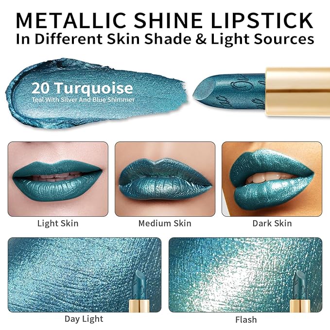 Oulac Metallic Green Lipstick for Women with Metallic 3D Shine, Lightweight Hydrating Formula, High-Impact Lip Color, Vegan Beauty, Full Coverage Lip Makeup, Turquoise (20)
