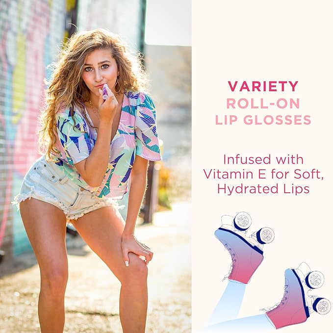 Roller Girl Roll-On Lip Gloss (Strawberry Amber, Watermelon Alexis, Bubblegum Destiny - Pack of 3) – Lip Gloss for Women with Hydrating Vitamin E & Moisturizing Shine, Non Stick Gloss