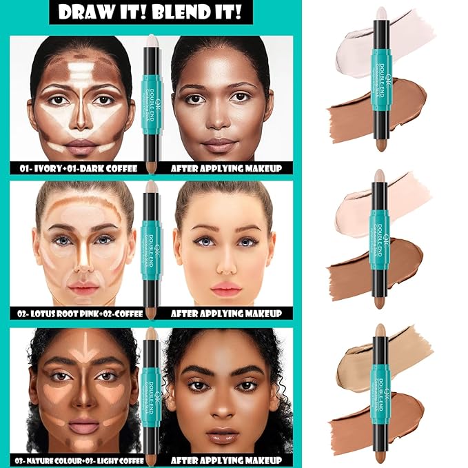 MEICOLY 2-in-1 Highlighter Contour Stick,Cool Toned Contour Stick,Makeup Shaping Stick,03
