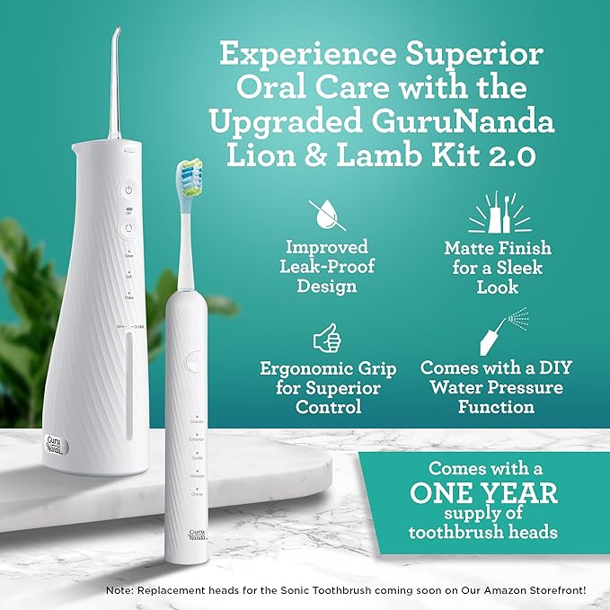GuruNanda Lion & Lamb Kit 2.0, Electric Toothbrush with Water Flosser Combo, 4 Jet Tips, 4 Brush Heads, & IPX7 Waterproof Design for Complete Oral Care, White