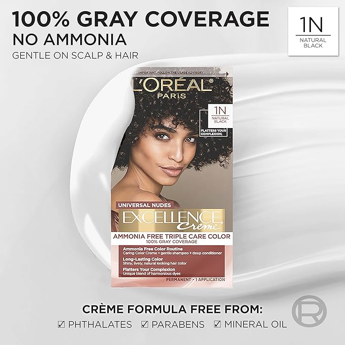 L’Oreal Paris Excellence Universal Nudes Permanent Hair Color, Ammonia Free Hair Dye for Gray Hair Coverage, 1N Natural Black, 1 Hair Dye Kit