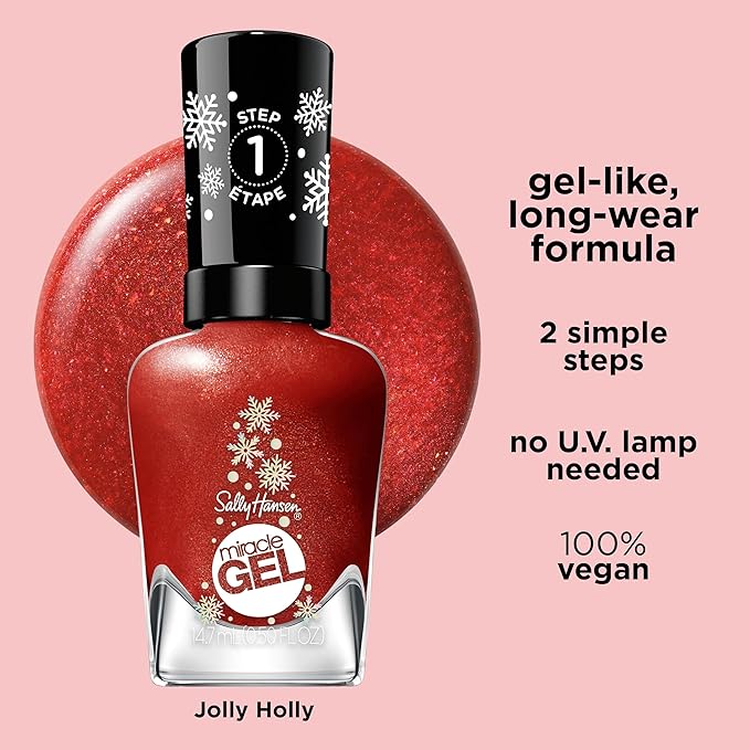 Sally Hansen Miracle Gel, Jolly Holly, Long Lasting, Gel-Like Formula, No UV Lamp Needed, Semi Opaque, Shimmery Red Nail Polish