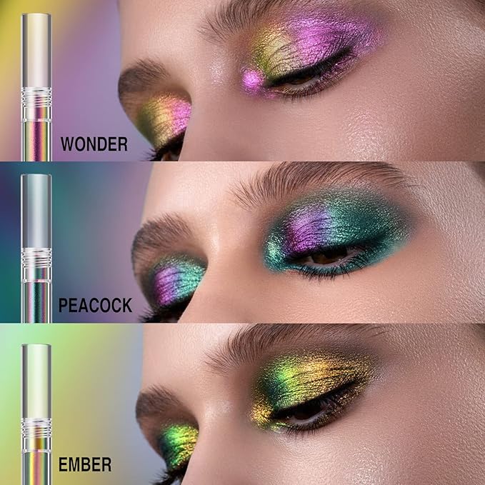 Jolilab Metallic Liquid Chameleon Eyeshadow, Multi-Dimensional Eye Looks, Long-lasting Holographic Glitter Multichrome Eyeshadows Makeup (#Peacock+Wonder+Ember)