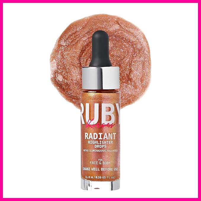 Ruby Kisses Radiant Drops, Shimmer Liquid Highlighter Makeup, (BLUSH GOLD)