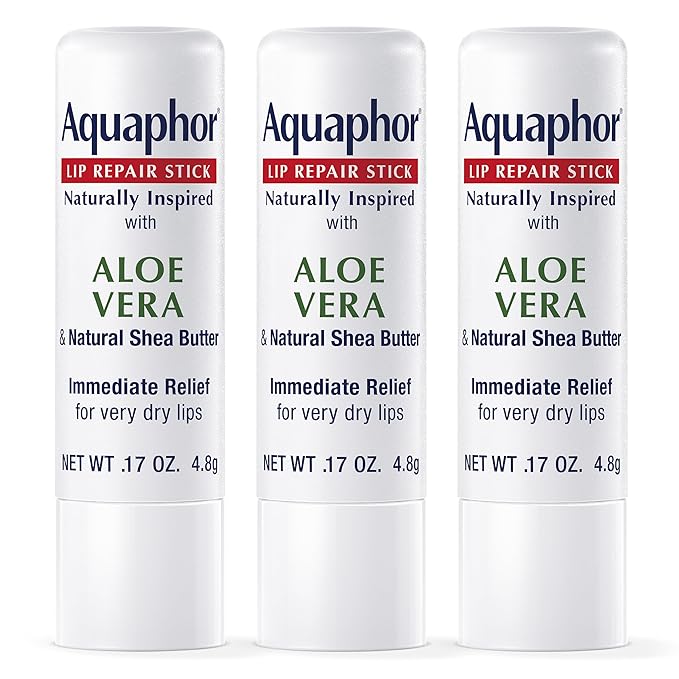 Aquaphor Naturally Inspired Lip Repair Stick with Aloe Vera and Natural Shea Butter, Hydrating Lip Balm Stick Immediately Relieves Dryness and Soothes Chapped Lips, 0.17 Oz Stick, Pack of 3