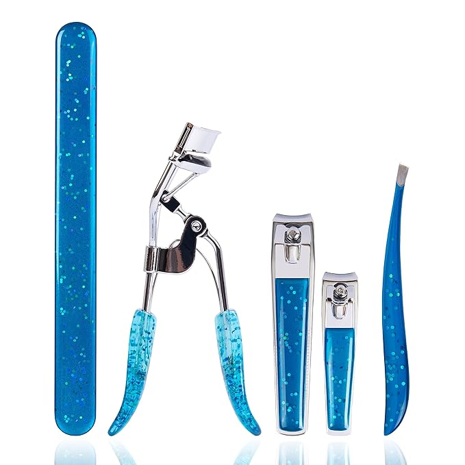 TRIM Azure Collection Bundle – for Removing Hair, Curling Lashes, Clipping & Filing Nails – Includes Slant Tip Tweezers, Eyelash Curler, Nail Clipper Set & Laser Cut Nail File – Blue Glitter Sparkle