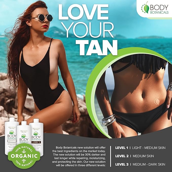 Professional Sunless Tanning Spray Tan Solution, Organic Essential Oils, Airbrush Formula, 33.8 Fl Oz. (Level 1 (7% DHA))