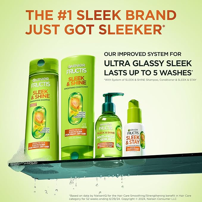 Garnier Fructis Sleek & Shine Shampoo, Conditioner + Anti-Frizz Serum Set for Frizzy, Dry Hair, Argan Oil (3 Items), 1 Kit (Packaging May Vary)