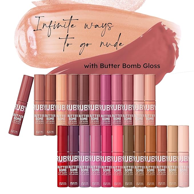 Ruby Kisses Lip Gloss Butter Bomb Gloss Non-Sticky Lip Gloss Vitamin E Natural Nude Lip Makeup - 7.8mL (0.26 US fl.oz) (Blind Date)