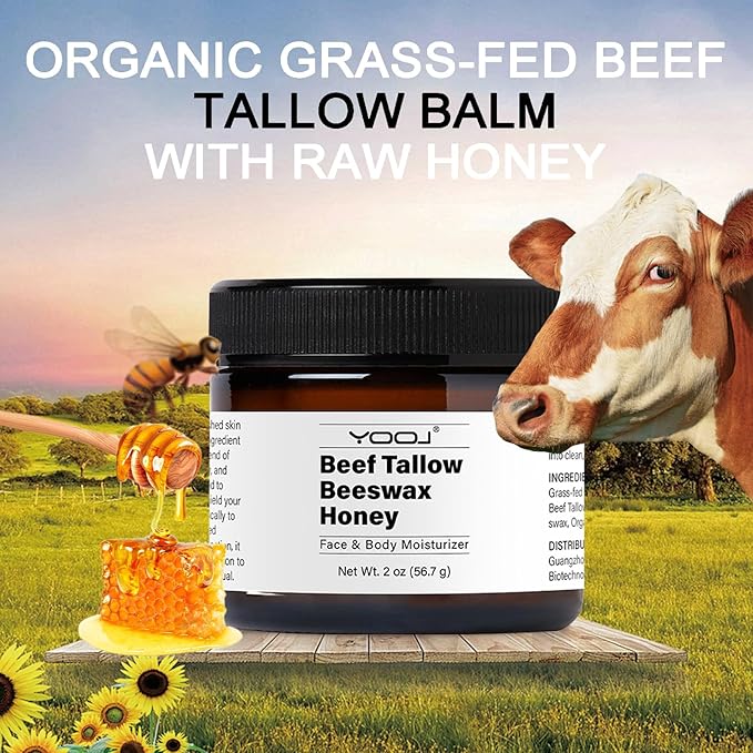 Beef Tallow and Honey Face Moisturizer for Face & Body - Organic Beef Tallow Moisturizer with Tallow and Beeswax & Honey, Beef Tallow for Skin Intensive Hydration - Vitamins(B1, A, D E & K) 2oz