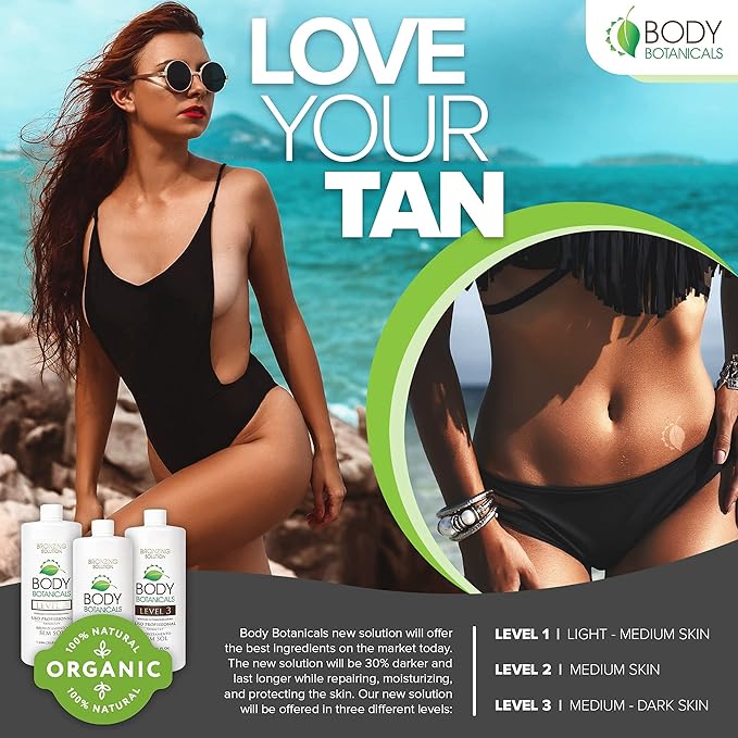 Professional Sunless Tanning Spray Tan Solution, Organic Essential Oils, Airbrush Formula, 33.8 Fl Oz. (Level 3 (12% DHA))