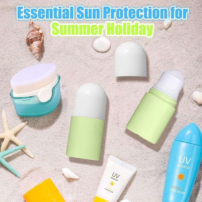 3 PCS Sunscreen Applicator for Kids, Soft Sunblock Brush + 2 PCS Empty Roller Ball Container for Sunscreen Lotion, Sunscreen Applicators for Family Travel