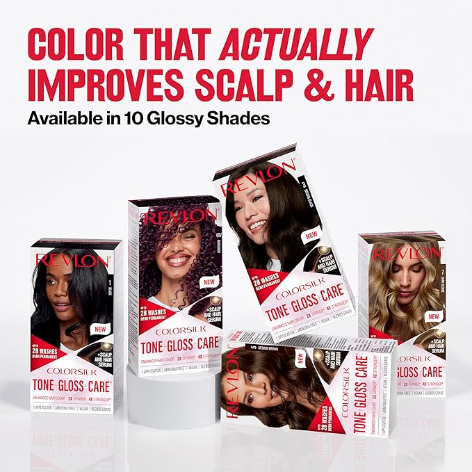 Revlon ColorSilk Tone + Gloss + Care Demi Permanent Hair Color, Dye Kit with Leave-In Scalp and Haircare Serum, 2x Shinier, 4x Stronger, 1 Black, 4.5 fl oz