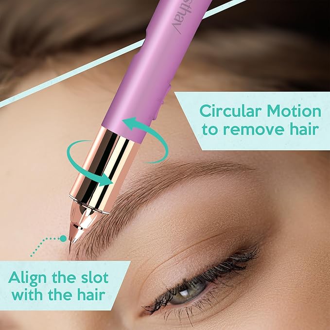 2-in-1 Portable Rechargeable Painless Eyebrow Trimmer & Facial Hair Remover, removes eyebrow, face, lips and body hair for women. 18K gold plated hypoallergenic heads, 360° LED light for Hair Remover
