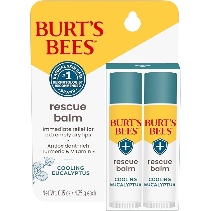 Burt's Bees 100% Natural Origin Rescue Lip Balm With Beeswax and Antioxidant-Rich Turmeric Promotes Healing Of Extremely Dry Lips, Cooling Eucalyptus, 2 Tubes in Blister Box(Pack May Vary)