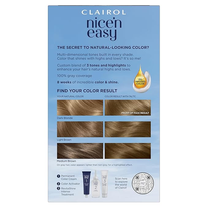 Clairol Nice'n Easy Permanent Hair Dye, 7A/7C Dark Cool Blonde Hair Color, Pack of 1