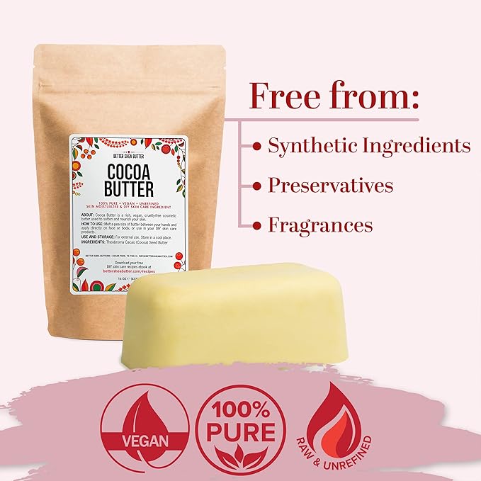 Better Shea Butter Raw Cocoa Butter - Unrefined, 100% Pure, Food Grade - Use for Cocoa Lip Balm, Stretch Marks Cream, Cacao Butter Cream, Scars Oil, Whipped Lotion - Skin & Hair Moisturizer 1LB Block