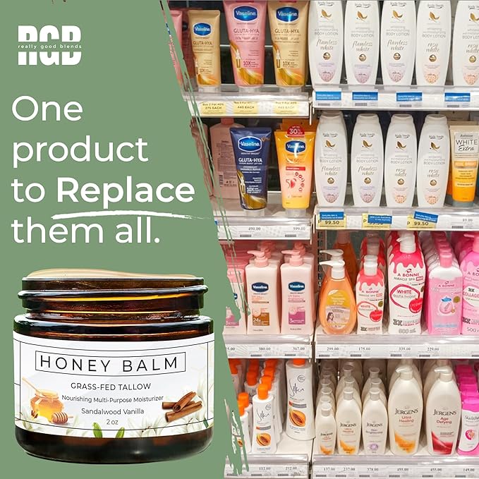 Tallow and Honey Balm, Organic Body Butter, Grass-Fed Beef Tallow for Skin, Soothing All-Natural Moisturizer for Body and Face | Made in USA - 2 oz (Sandalwood Vanilla)