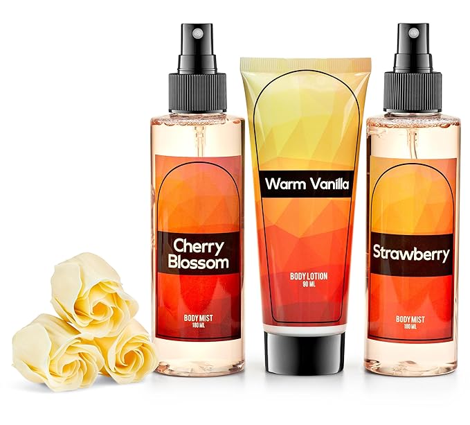 Fine Fragrance Body Mist & Body Splash Gift Set – Luxury Self-Care Combo for Women and Girls (Cherry Blossom, Strawberry, Warm Vanilla, Rose Soap) Mother’s Day Gift for Mom