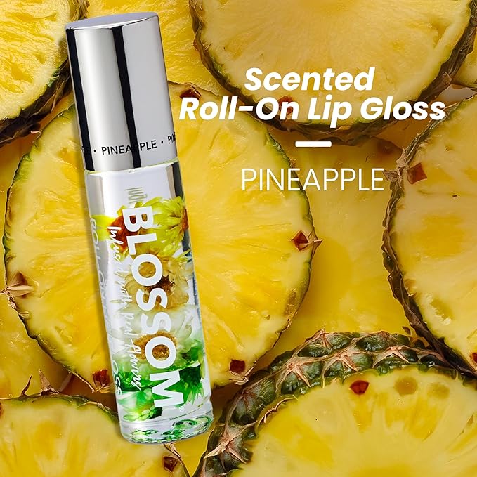 Blossom Roll on Lip Gloss, Scented Clear High Shine Moisturizing Lip Oil, Non Sticky, Infused with Real Flowers, Made in USA, 0.2oz, Pineapple