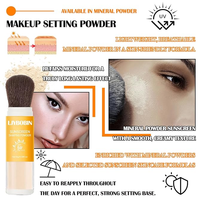 Sunscreen Setting Powder,SPF 50+ PA++++,Oil Control Waterproof Mineral Sunscreen Brush