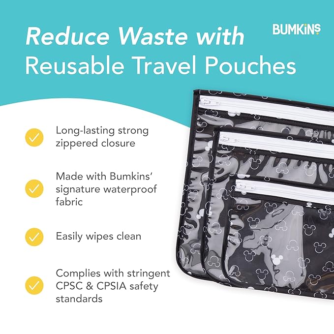 Bumkins Disney Travel Bag, Toiletry, TSA Approved Pouch, Zip Bag, Quart Size Airline Compliant, Clear-Sided, Baby, Diaper Bag Organization, Accessories, Packing, Set of 3 Sizes, Mickey Mouse Icon