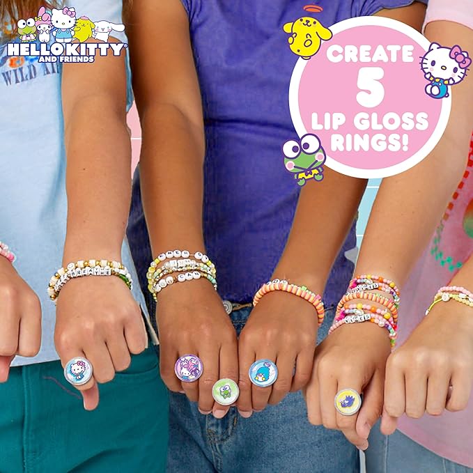 Horizon Group USA Sanrio Hello Kitty and Friends Shimmer Lip Gloss Making Kit, Makes 5 Hello Kitty Glitter Lip Gloss Rings, DIY Hello Kitty Lip Gloss Kit, Great Birthday Gift for Ages 6+