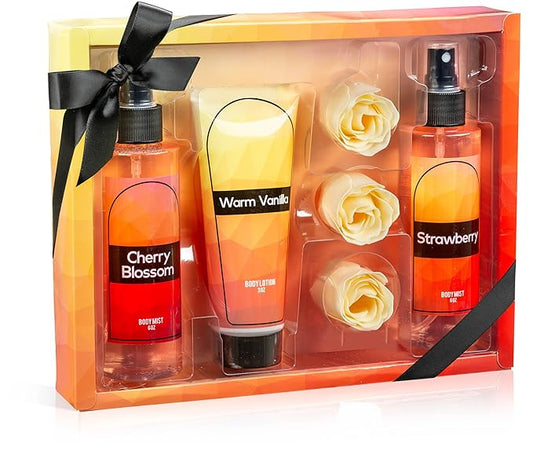 Fine Fragrance Body Mist & Body Splash Gift Set – Luxury Self-Care Combo for Women and Girls (Cherry Blossom, Strawberry, Warm Vanilla, Rose Soap) Mother’s Day Gift for Mom