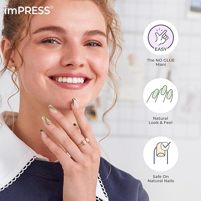 KISS imPRESS No Glue Mani Press-On Nails, Design, 'As It Was', Neutral/green, Medium Size, Almond Shape, Includes 30 Nails, Prep Pad, Instructions Sheet, 1 Manicure Stick, 1 Mini File