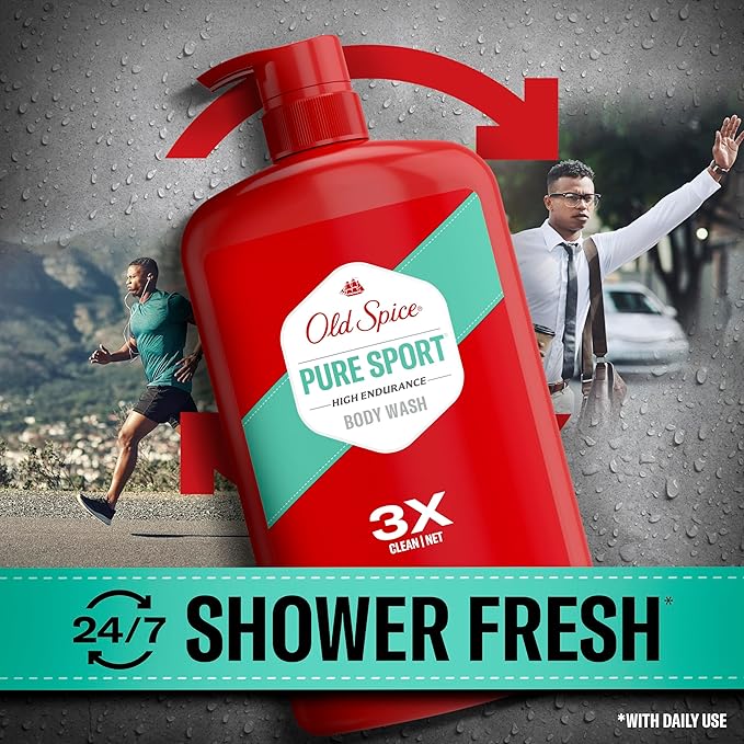 Old Spice Refreshing Body Wash for Men, High Endurance, 3X Defense, 24/7 Shower Fresh with Long Lasting Scent, Pure Sport Scent, 33.4 oz (Pack of 4)
