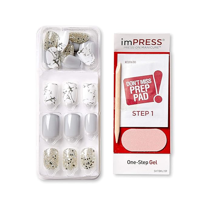 imPRESS Design, Press On Nails, Knock Out, Gray, Short, Size, Squoval, Shape, Includes 30 Nails, Prep Pad, Instructions Sheet, 1 Manicure Stick, 1 Mini File