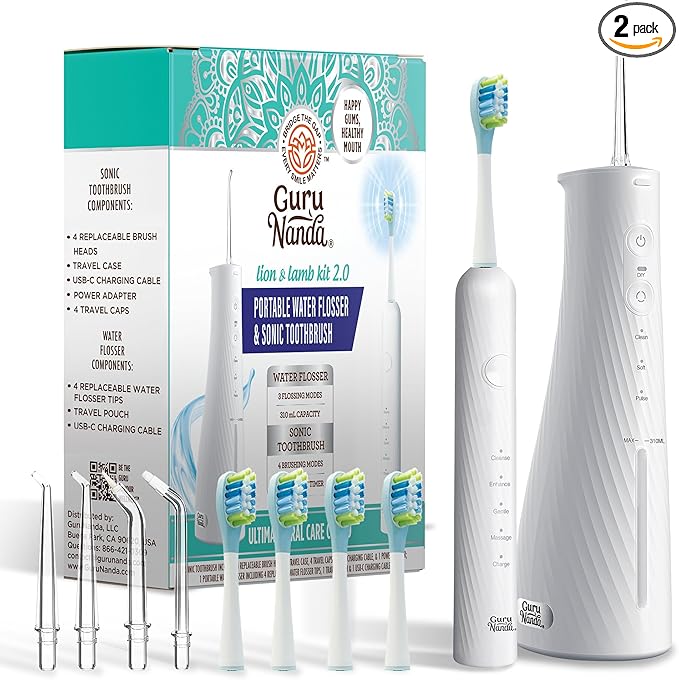 GuruNanda Lion & Lamb Kit 2.0, Electric Toothbrush with Water Flosser Combo, 4 Jet Tips, 4 Brush Heads, & IPX7 Waterproof Design for Complete Oral Care, White