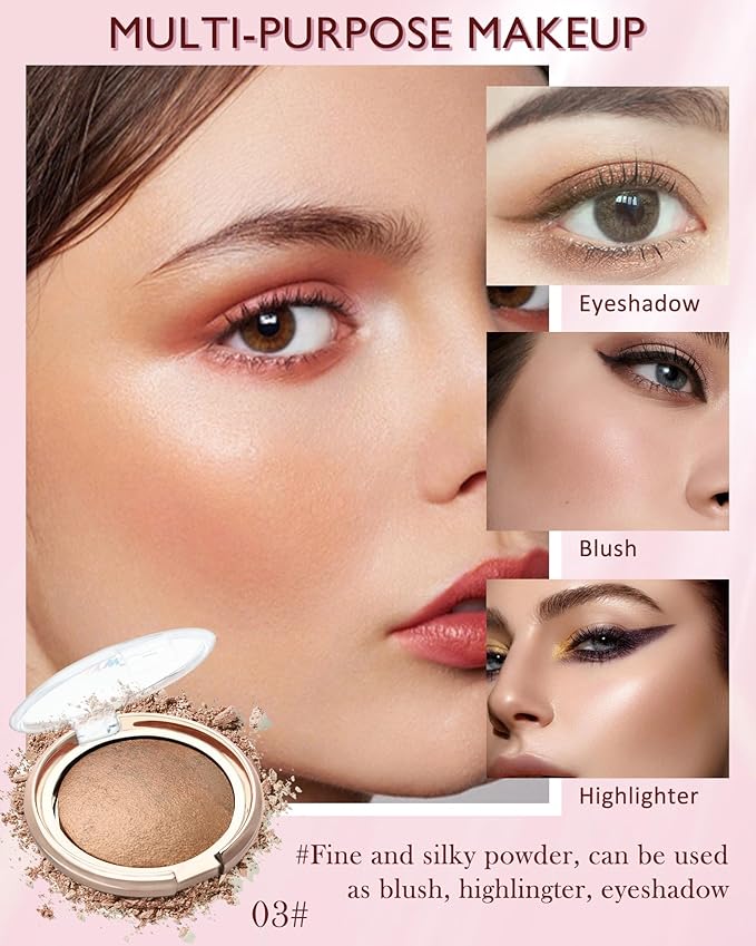 Baked Powder Blush, Glow Marbleized Blush Powder Palette,Lightweight Shimmery face Blush for Cheeks,Eyeshadow & Highlight,Mother's Day Makeup Gift for Women rubores de maquillaje(0.49Ounce)-03